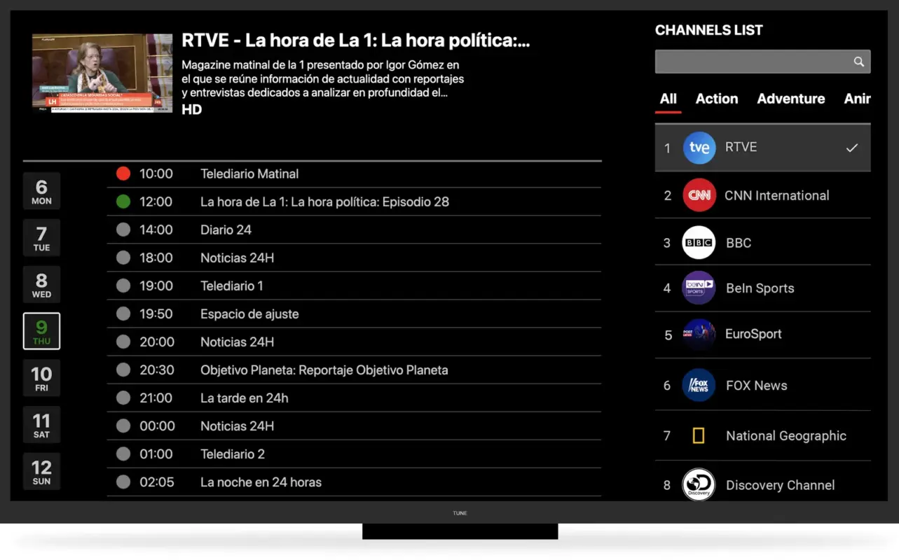 PortalTivi IPTV electronic programme guide (EPG) showing the live TV schedule by channel