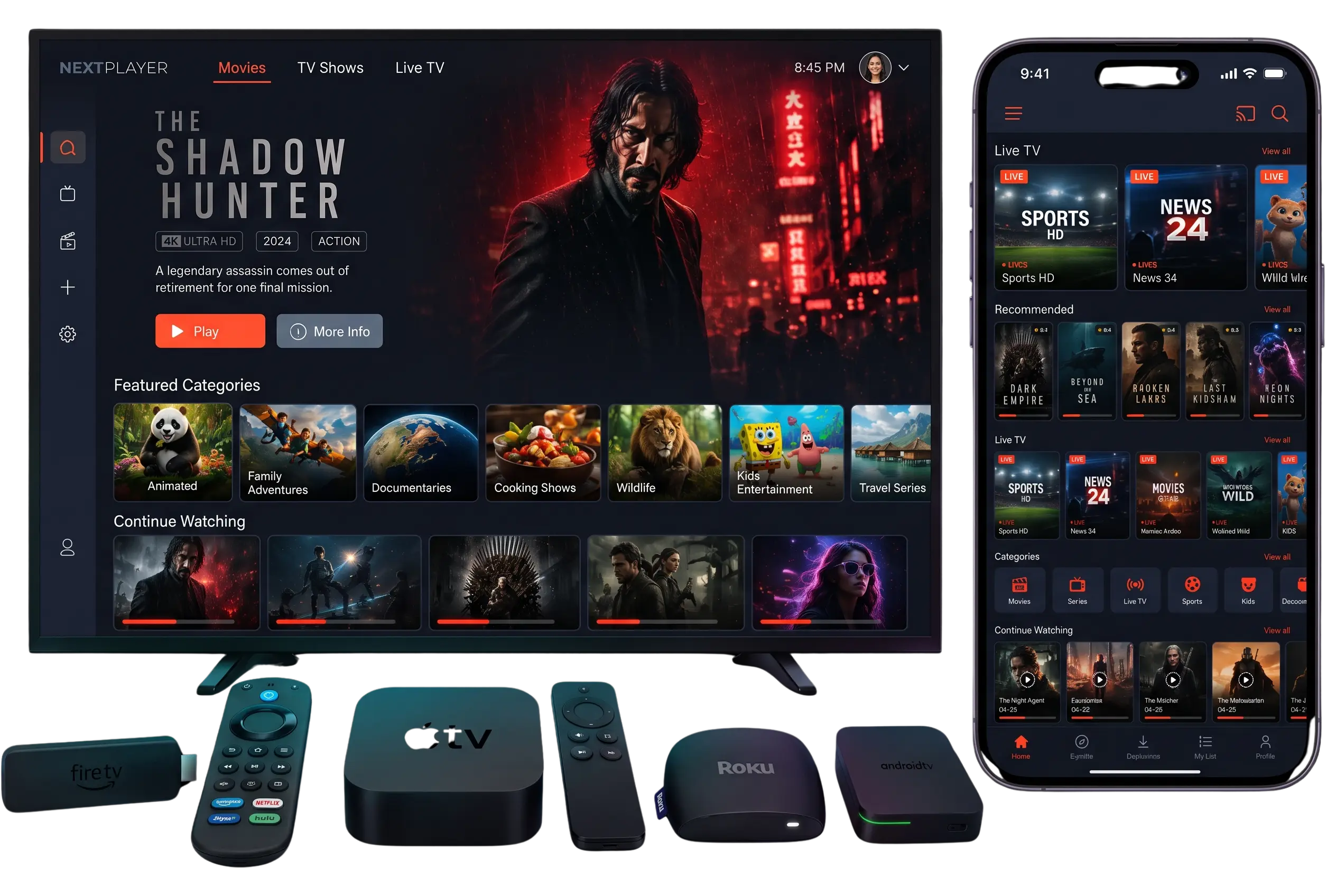 PortalTivi IPTV service on a Smart TV, smartphone, Firestick and streaming boxes, showing movies, series and live TV